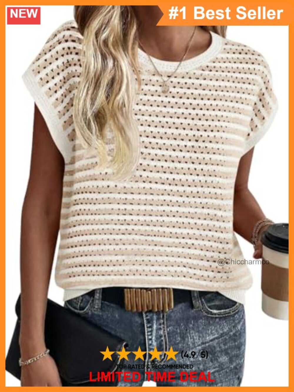 Cap Sleeve Striped Crochet Knit Sweater Short Sleeve Crewneck Summer Beach Top